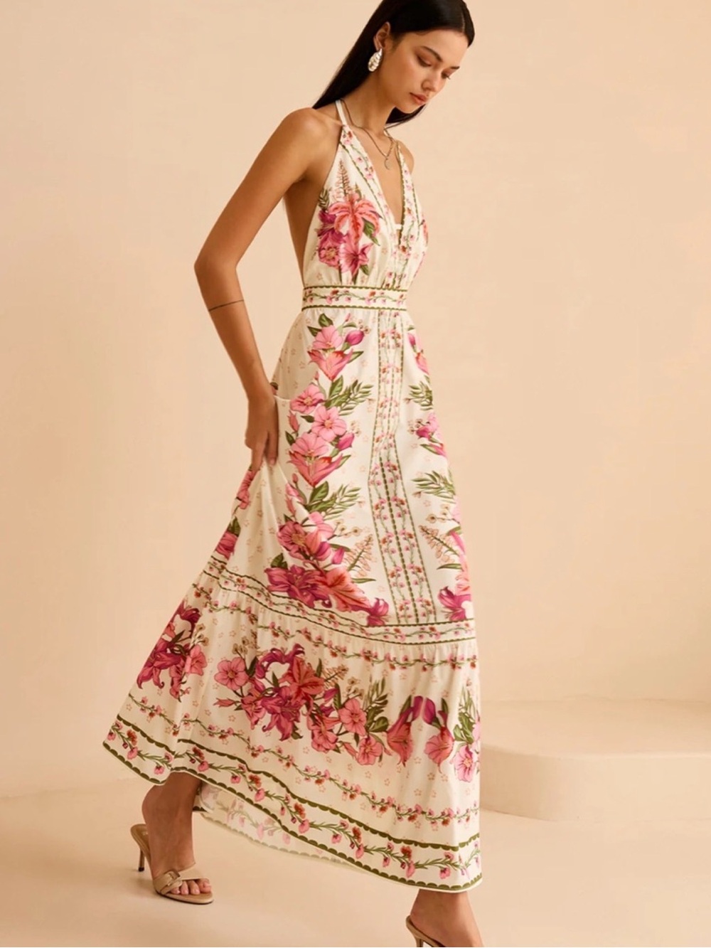 Commense Pink Floral Halter Dress